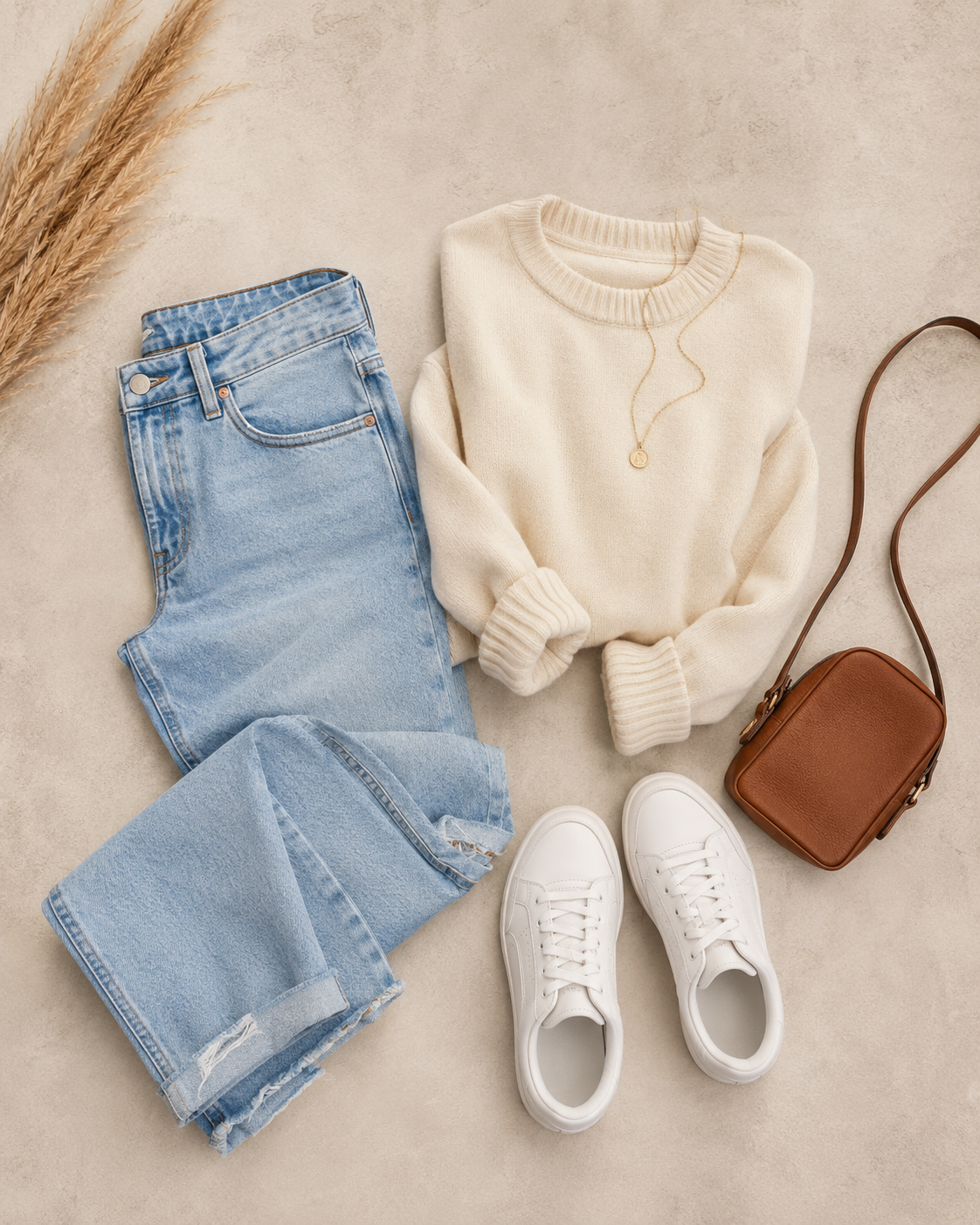 Top-down flat-lay of a casual fashion outfit arranged on a light beige textured background, featuring light blue denim jeans, a soft cream crewneck sweater, white sneakers, a small brown leather crossbody bag, and a delicate gold pendant necklace. Warm natural lighting, soft shadows, and a clean editorial composition with ample negative space create a minimalist, inviting aesthetic.