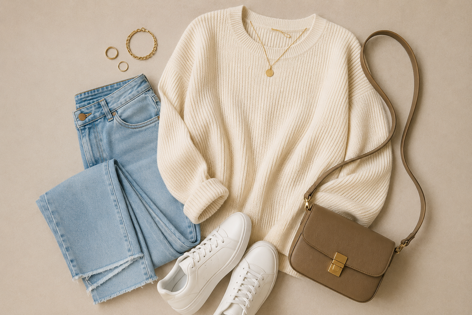 Flat-lay of a casual outfit featuring a cream oversized sweater, light-wash denim jeans, white sneakers, a taupe crossbody bag, and simple gold jewelry arranged on a soft beige background.