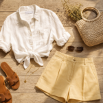 Woman wearing a summer outfit with a straw hat on a sunny street