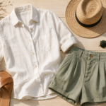 Bright flat-lay of a summer outfit featuring a white linen button-up shirt, sage green tailored shorts, tan leather sandals, a straw sun hat, and round sunglasses arranged on a light wooden surface in soft natural sunlight.