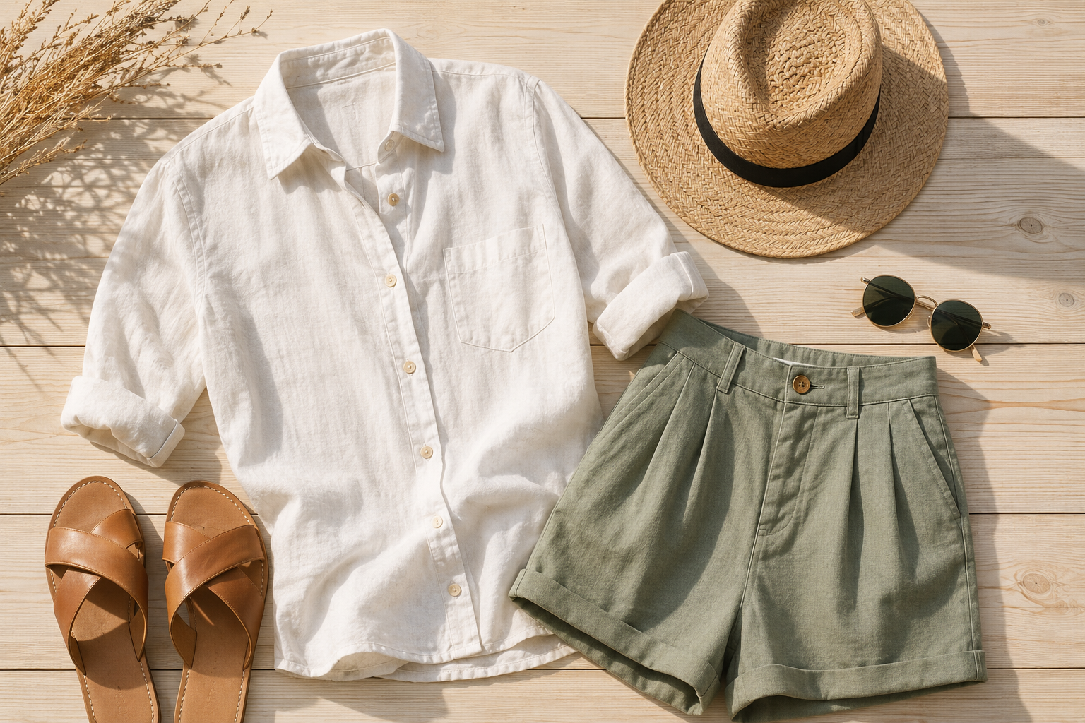 Bright flat-lay of a summer outfit featuring a white linen button-up shirt, sage green tailored shorts, tan leather sandals, a straw sun hat, and round sunglasses arranged on a light wooden surface in soft natural sunlight.