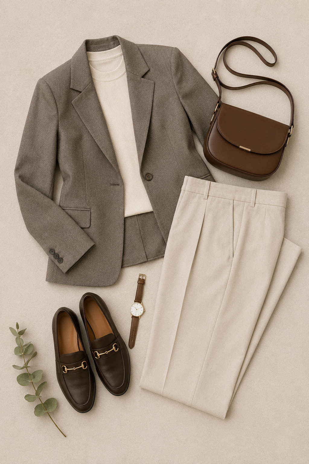 A stylish flat-lay photograph of a coordinated neutral-toned outfit arranged on a beige textured background. The outfit features a taupe tailored blazer layered over a cream ribbed mock-neck sweater, paired with cream straight-leg trousers. Brown leather loafers, a matching brown leather crossbody bag, and a minimalist wristwatch complete the look. A small eucalyptus sprig adds a subtle decorative touch. The image is captured from directly above with soft natural lighting, creating a clean, modern, editorial fashion aesthetic.