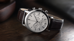 "Elegant wristwatch from our watches collection with stainless steel case and leather strap"