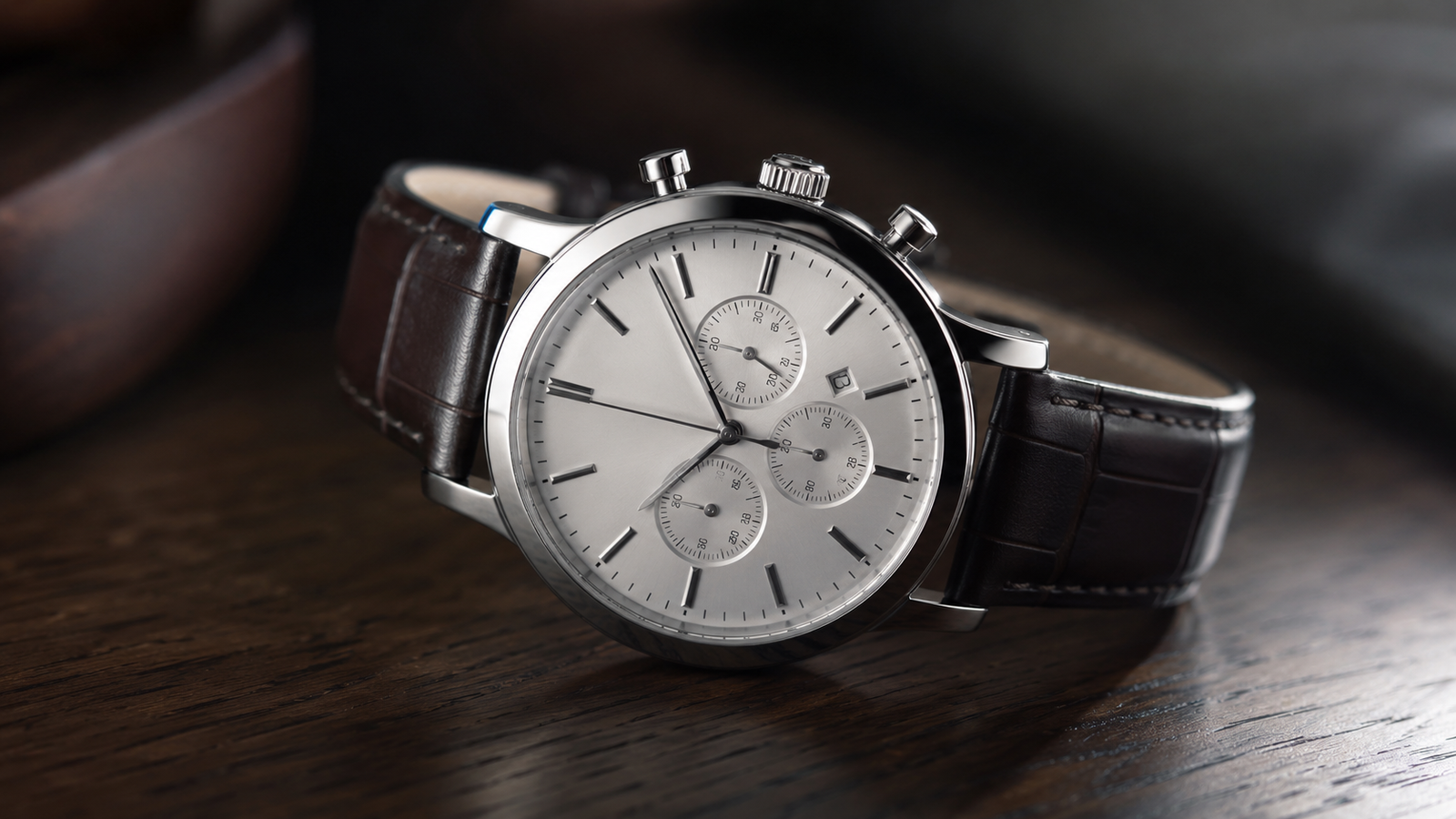 "Elegant wristwatch from our watches collection with stainless steel case and leather strap"