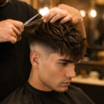 Barber giving a client a modern textured hair style haircut in a barbershop