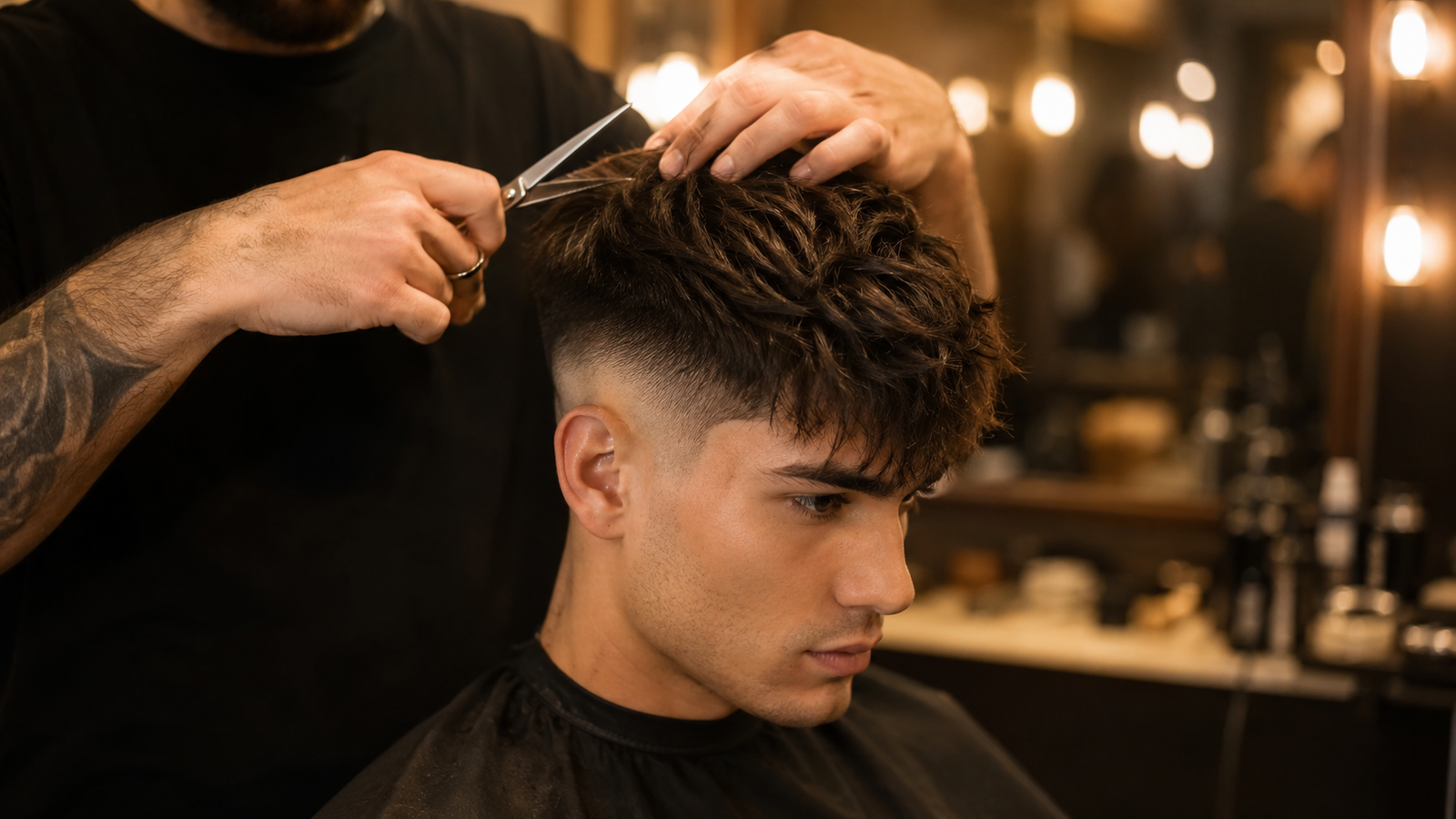 Barber giving a client a modern textured hair style haircut in a barbershop