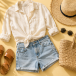 summer outfits flat lay with linen shirt and straw hat