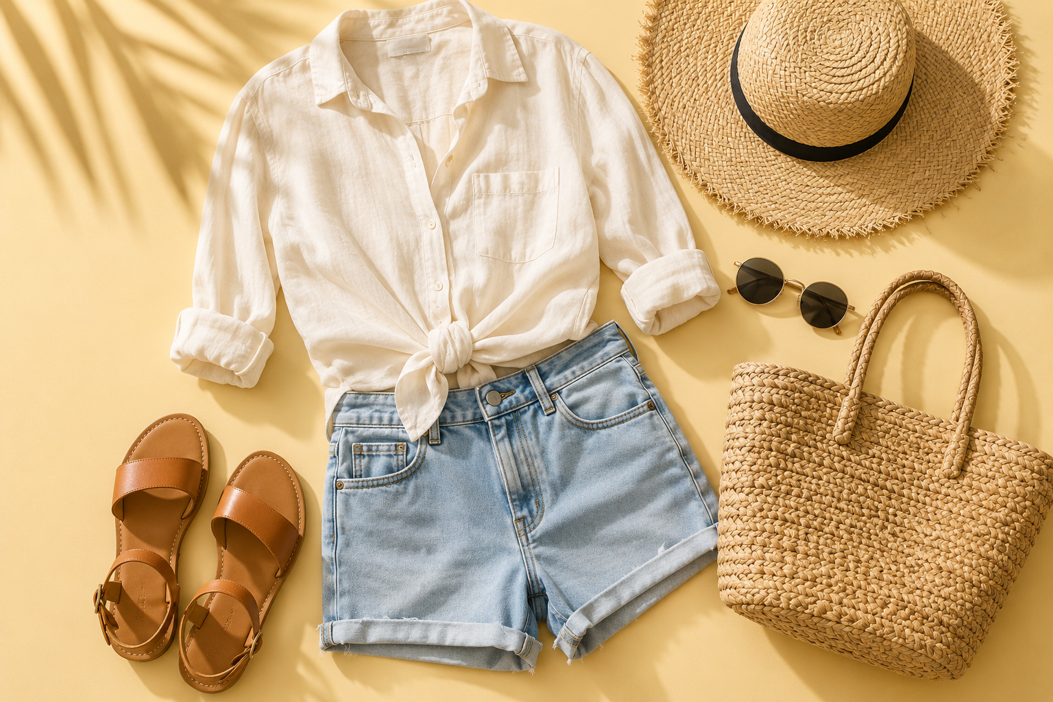 summer outfits flat lay with linen shirt and straw hat