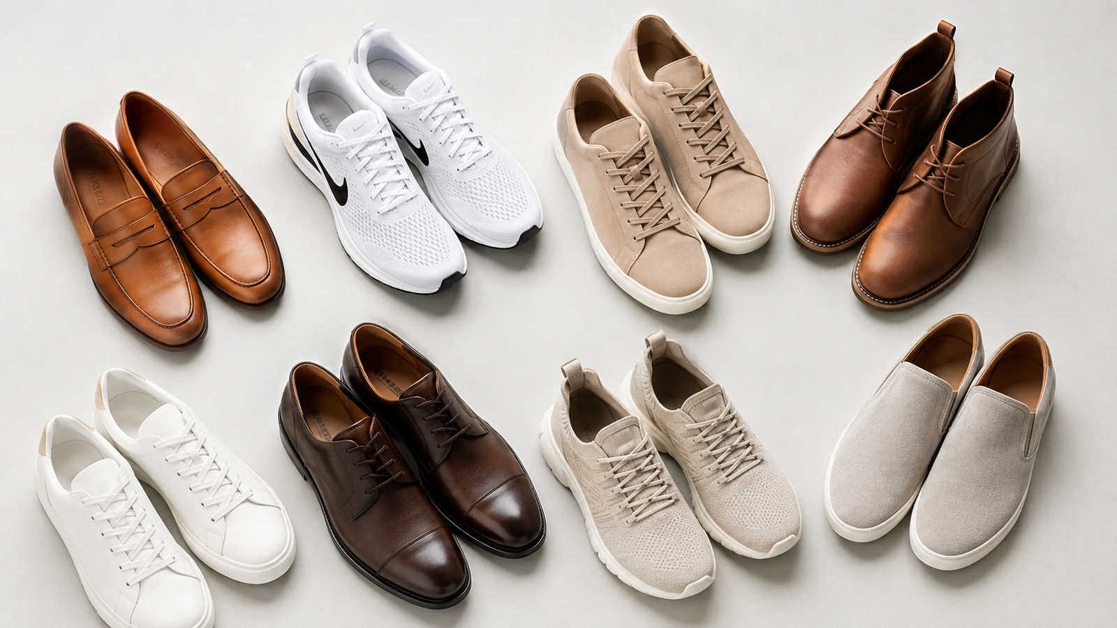 Collection of shoes including Nike shoes arranged on a clean background - shoe buying guide